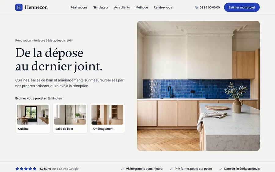 Accueil du site Hennezon : son métier, une photo de chantier, sa note Google et l'estimation en deux minutes