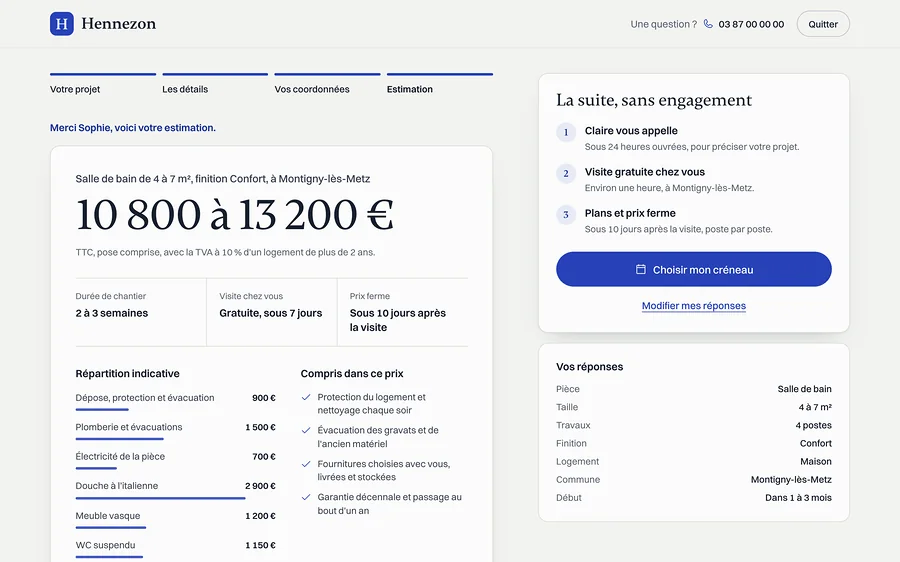L'estimation en ligne de Hennezon : une salle de bain de 4 à 7 m², de 10 800 à 13 200 €