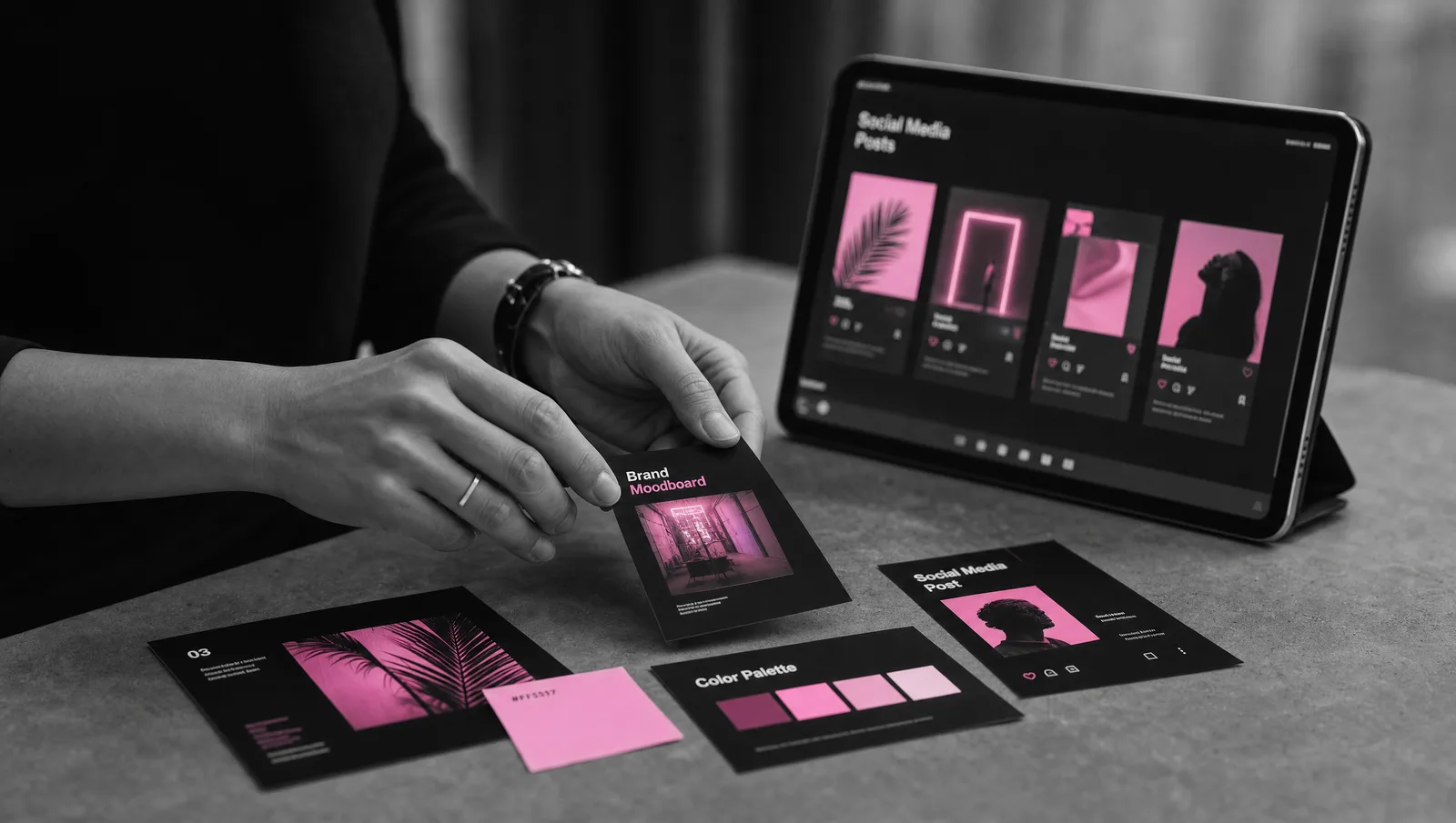 Moodboard de marque et mockups réseaux sociaux sur un bureau, chez 56k Studio à Metz