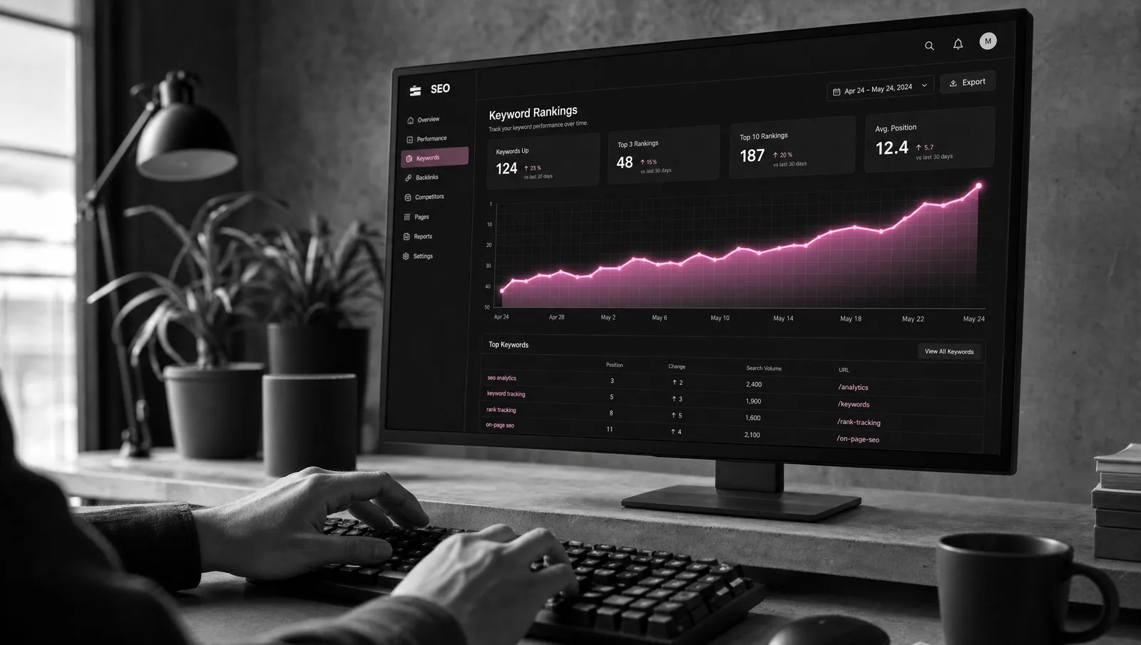 Tableau de bord de suivi SEO avec courbe de positionnement en hausse, chez 56k Studio