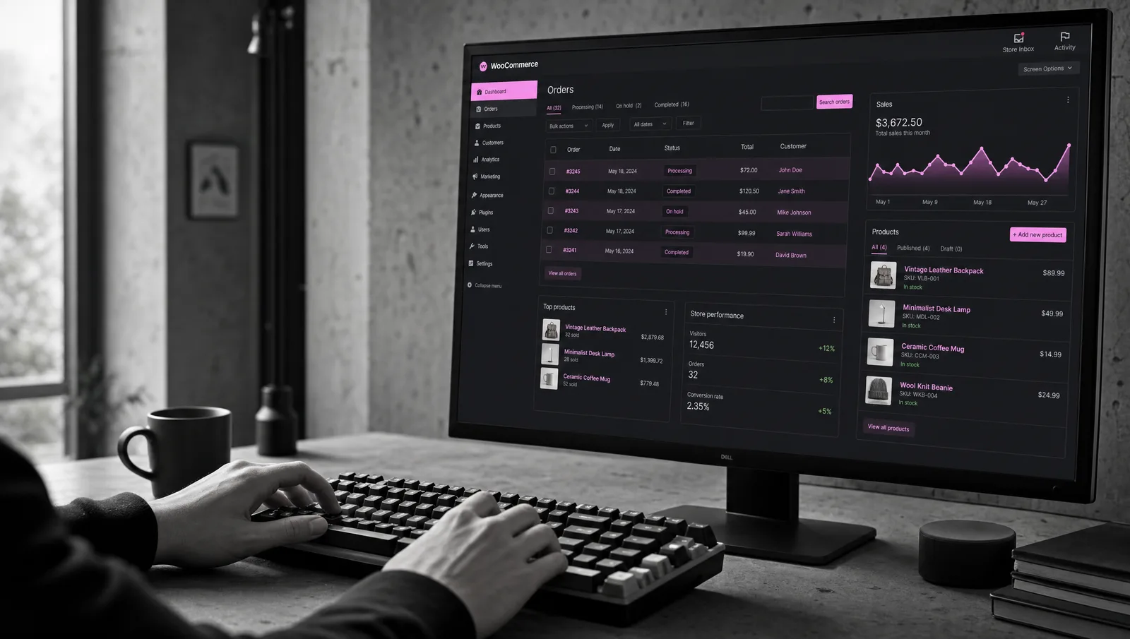 Tableau de bord de gestion d'une boutique WooCommerce avec commandes et produits, chez 56k Studio