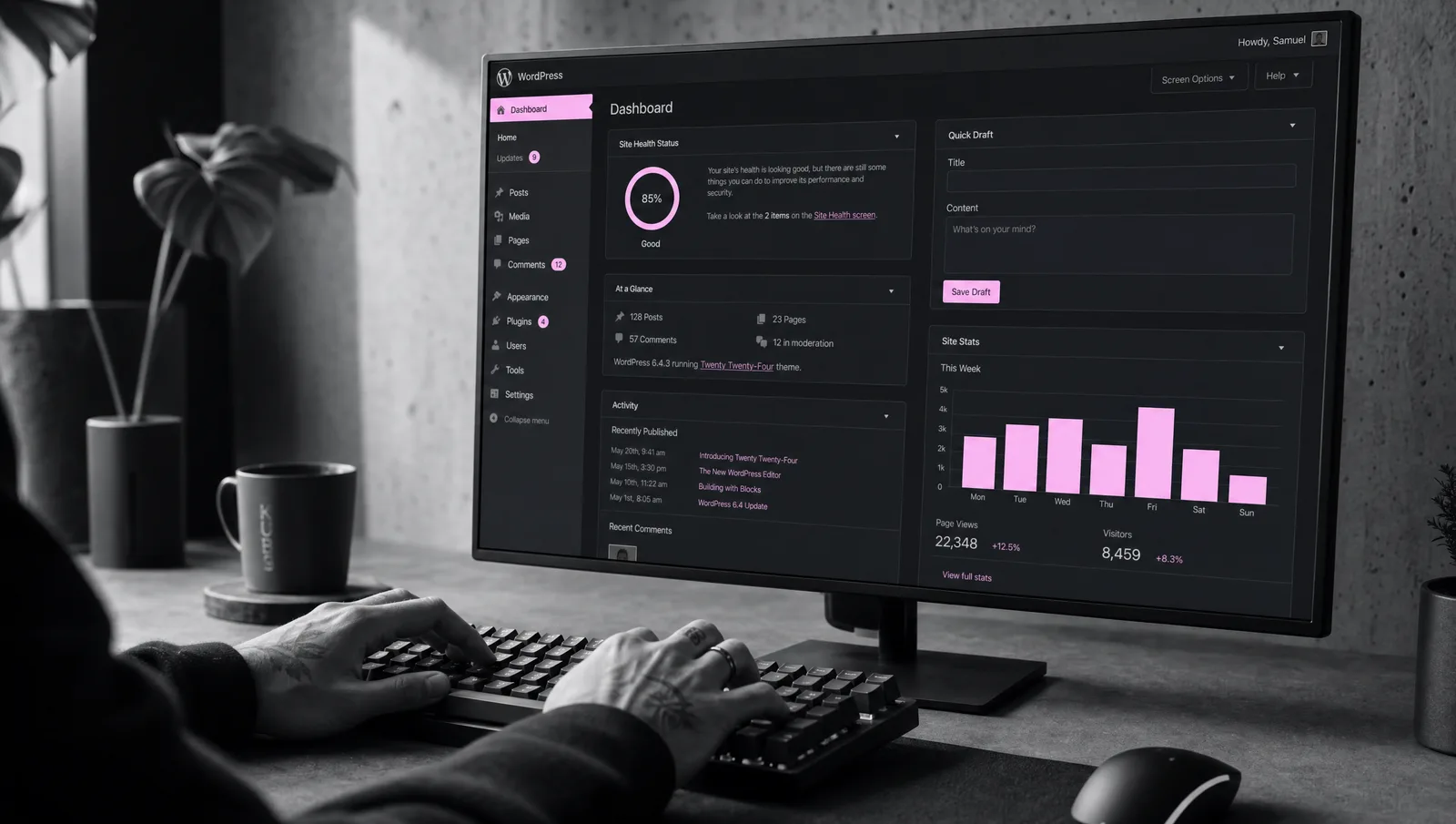 Tableau de bord d'administration WordPress avec statistiques du site, chez 56k Studio