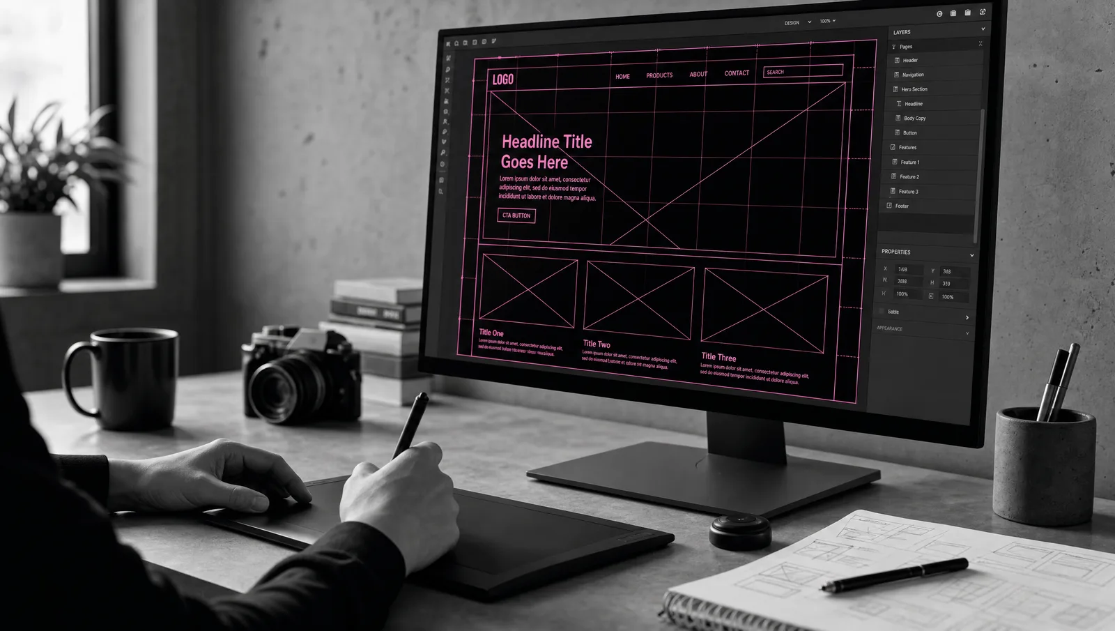 Conception d'un wireframe de site web sur tablette graphique, chez 56k Studio à Metz