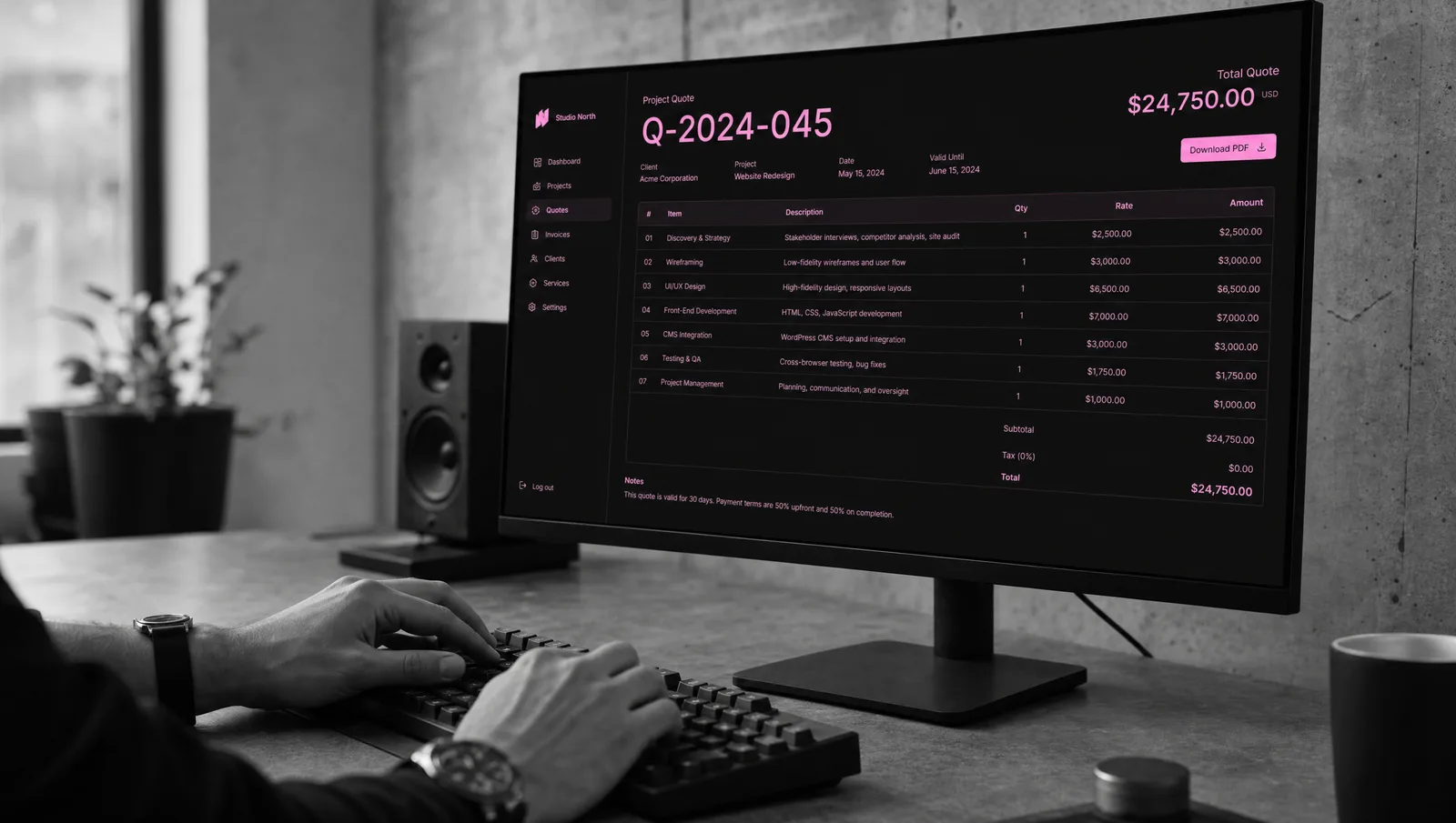 Devis et budget de refonte de site détaillés sur écran, chez 56k Studio