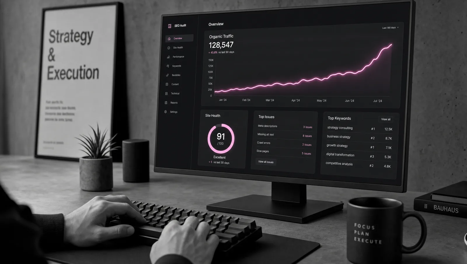 Tableau de bord d'audit SEO avec courbe de trafic en nette progression, chez 56k Studio