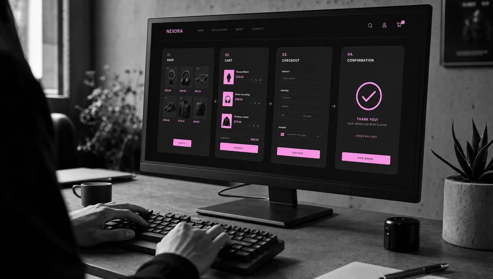 Grille produits et tunnel d'achat d'une boutique en ligne sur écran, chez 56k Studio