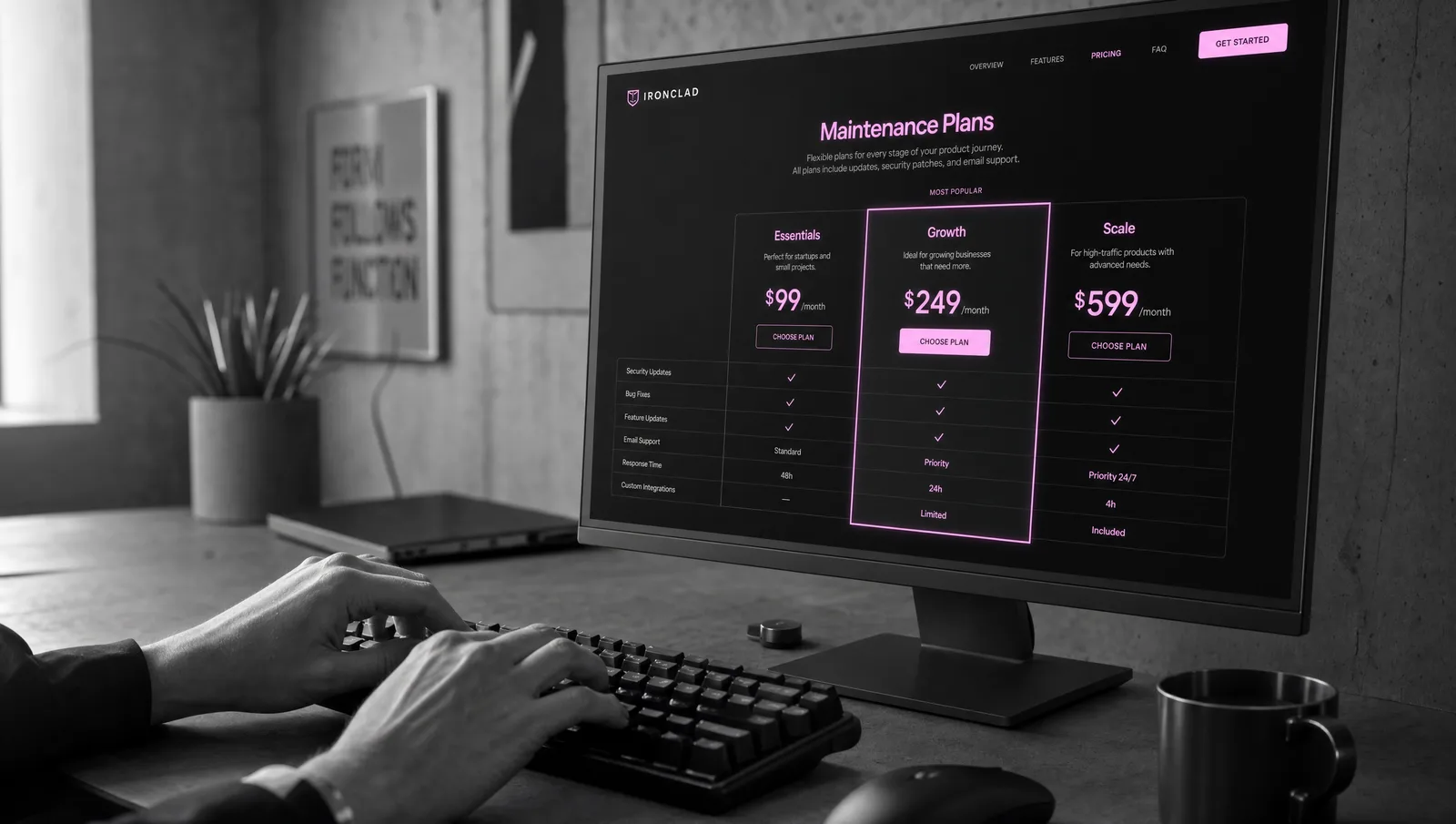 Grille tarifaire de maintenance WordPress avec formules par palier, chez 56k Studio